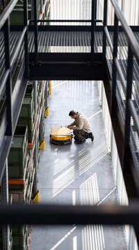 High Angle View of an Engineer Maintaining an Autonomous Mobile Robot in a Modern Automated Logistics Warehouse
