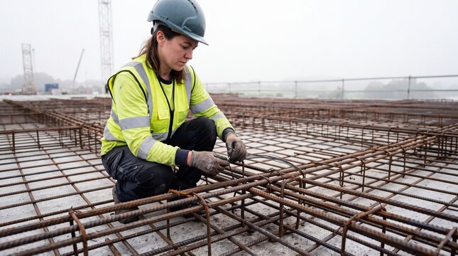 Female construction worker kneeling and tying steel reinforcement rebar on a building site