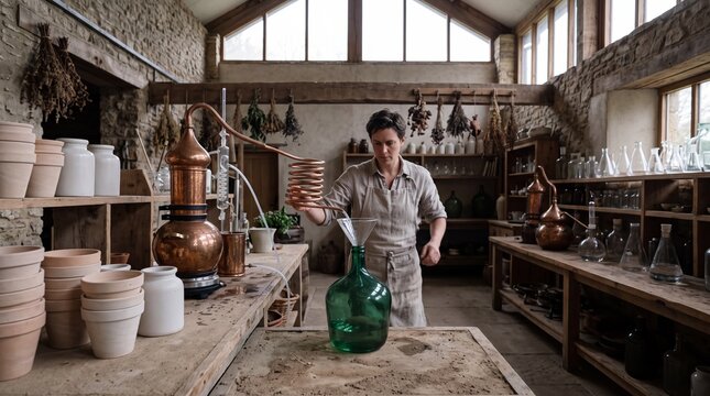Artisan distiller using traditional copper alembic still to extract botanical essential oils in a rustic workshop