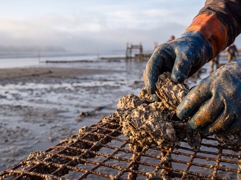 Close-up of an oyster farmer wearing heavy duty protective gloves inspecting fresh oysters on metal cultivation racks during low tide