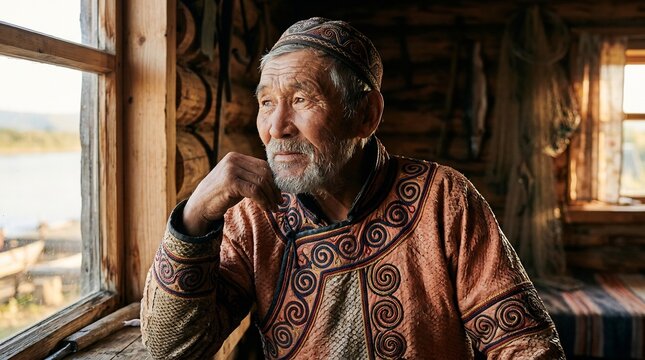 Pensive elderly man in patterned traditional clothing looking out a window in a log cabin