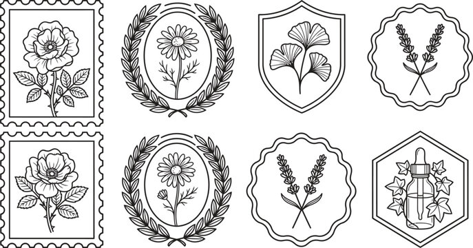Botanical Herbal Cosmetics and Floral Emblems Line Icon Set Featuring Rose Stamp, Chamomile Wreath, Ginkgo Shield, Lavender Seal, and Essential Oil Dropper Bottle