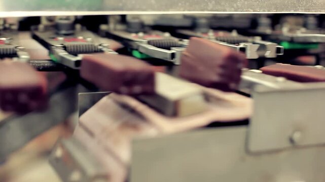 Closeup eskimo bars moving factory packaging line. Dessert industry machinery.