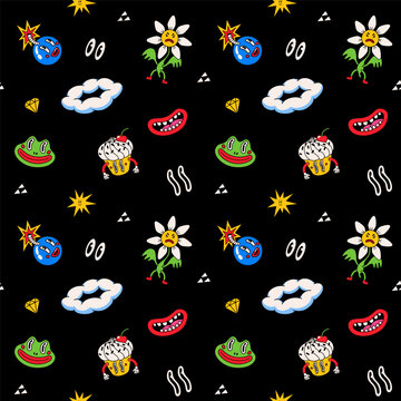 Pattern seamless vector with comic faces and doodles