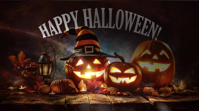 Happy Halloween carved pumpkins with witch hat and lantern spooky autumn night scene with glowing faces perfect for holiday invitations and decorations