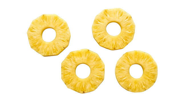 Four fresh pineapple slices isolated on transparent background