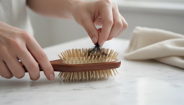 Close-up of a woman picking hair from brush on a marble table in bright bathroom, representing hair loss problem, alopecia, shedding, and scalp care concept
