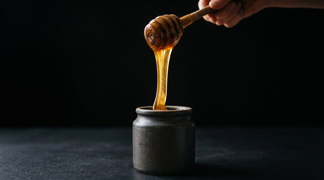 Golden honey dripping from wooden dipper into ceramic jar, moody food photography of organic sweet syrup, dark rustic kitchen background