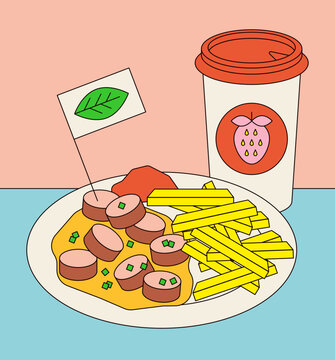 Vegan Currywurst with French Fries and Strawberry Milkshake