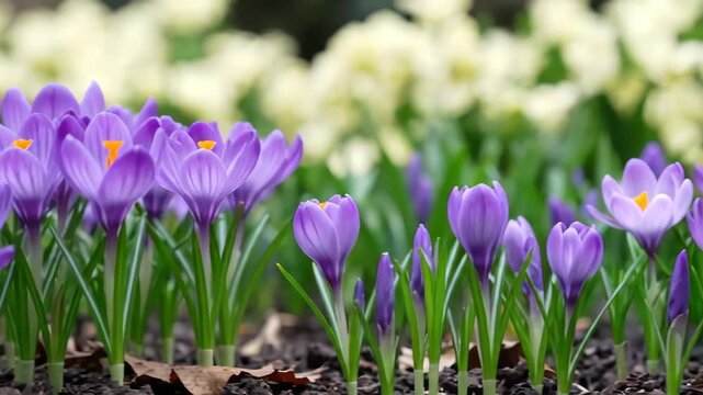 Purple crocus flowers blooming in a spring garden with soft natural lighting.