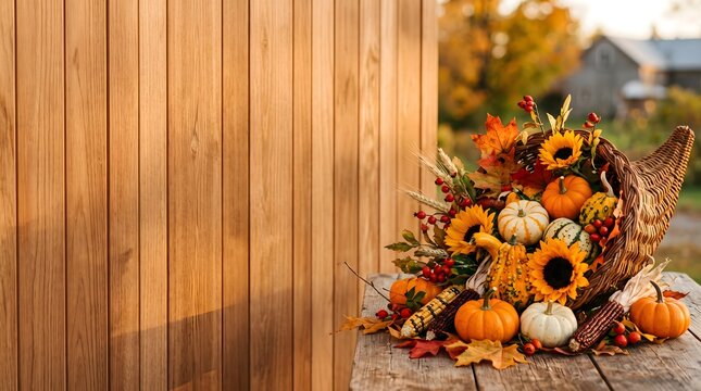 Autumn harvest display with pumpkins sunflowers and colorful fall foliage
