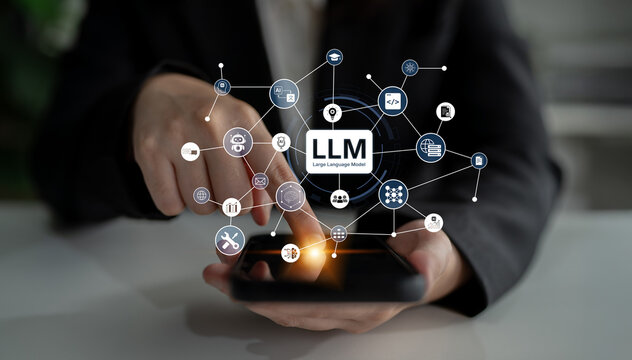 Large Language Model LLM processing data. Represents deep text learning, natural language processing NLP AI tech, transformer architecture, and generative AI deep learning future technology. Corpus