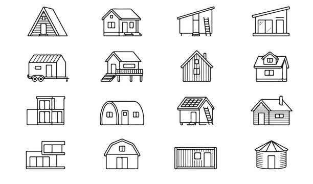 Minimalist house types line icons collection featuring tiny home cabin container and barn designs.