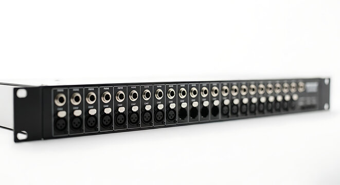 A rack mounted audio patch bay with xlr and quarter inch input jacks