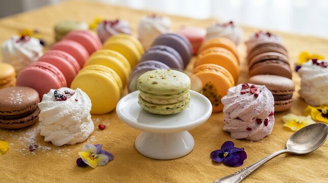 A Delightful Collection of Colorful Macron Pastry Treats Arranged Attractively on a Yellow Table
