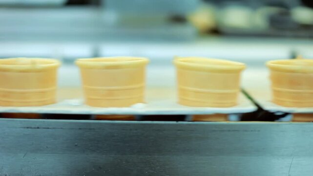 Conveyor belt moving wafer cups ice cream factory. Close up production line.
