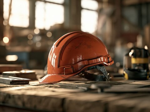 Orange hard hat on a wooden workbench in a workshop