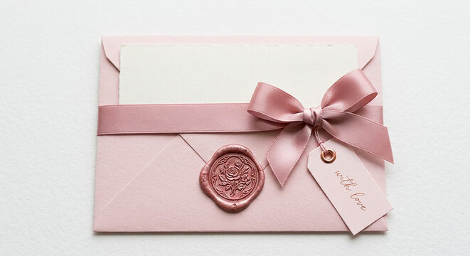 Pink wedding invitation envelope decorated with satin ribbon bow and wax seal envelope invitation stationery romantic