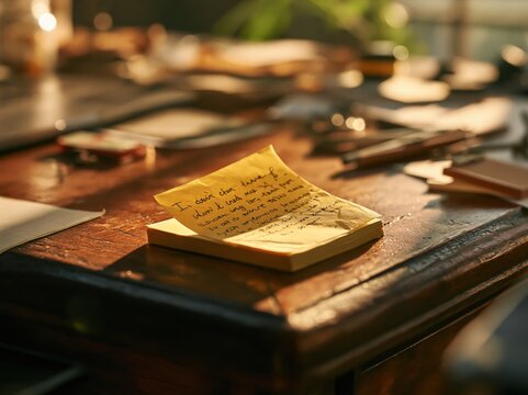 Yellow sticky note with handwritten text on wooden desk