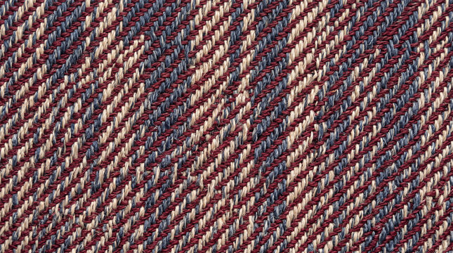 Woven fabric texture with diagonal twill pattern, vintage textile background in burgundy and blue, close-up of woven cotton material