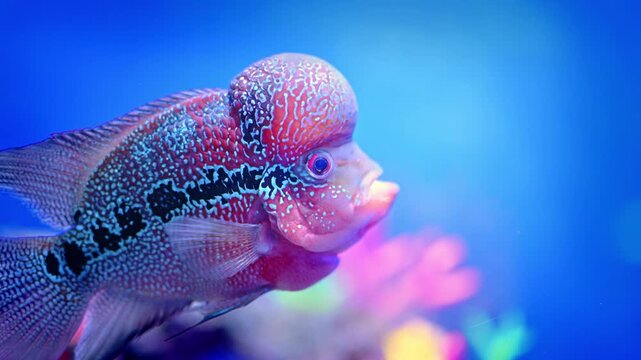 Flowerhorn Cichlid Moving Its Fins Against a Blue Background