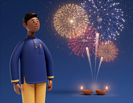 Man Watching Fireworks Over Lit Diyas During Diwali Festival Celebration At Night