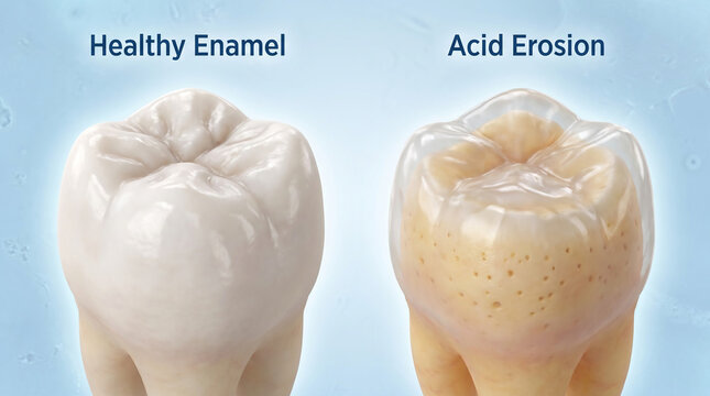 Dental Acid Erosion vs Healthy Tooth Enamel Anatomy Comparison
