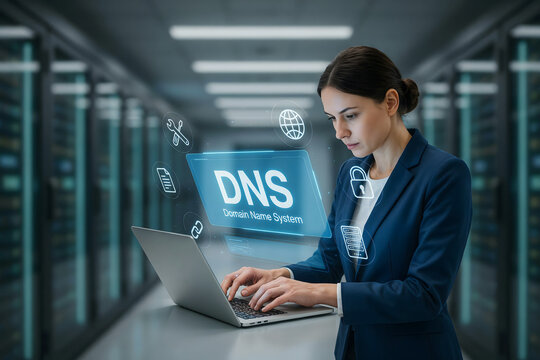 A businesswoman typing on a laptop in a server room with a holographic interface displaying dns domain name system and network connectivity