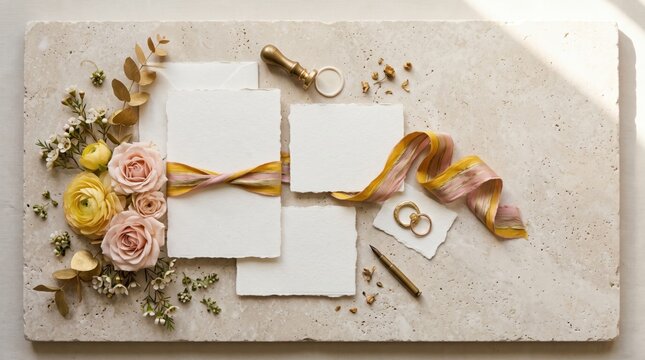 Warm yellow and blush wedding stationery flat lay with blank cards, gold rings, pastel roses and striped ribbon on limestone slab, for commercial use
