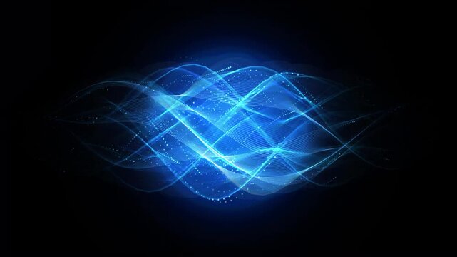 Abstract glowing blue digital waves and light particles forming an electronic communication network pattern