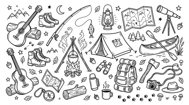 Hand drawn doodle set of camping equipment and outdoor adventure gear on white background with adventure equipment backpack