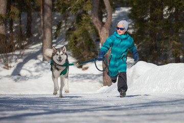 Child running with a Siberian husky on a snowy winter trail © Viacheslav Zhukov