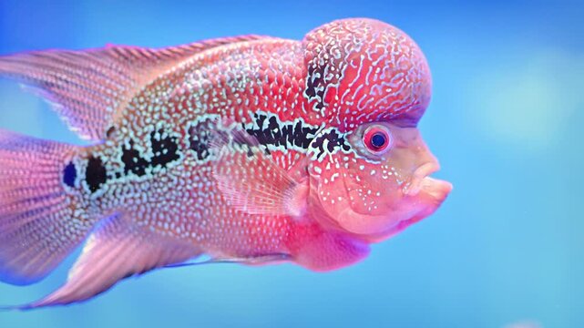 Flowerhorn Cichlid with Pink Face and Iridescent Scales