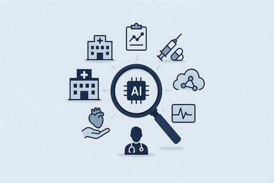 A magnifying glass over an ai chip surrounded by medical including a hospital, heart, doctor, syringe, and cloud on a light background