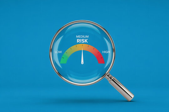 A magnifying glass hovering over a risk gauge indicator with the needle pointing to the medium position against a solid bright blue background area