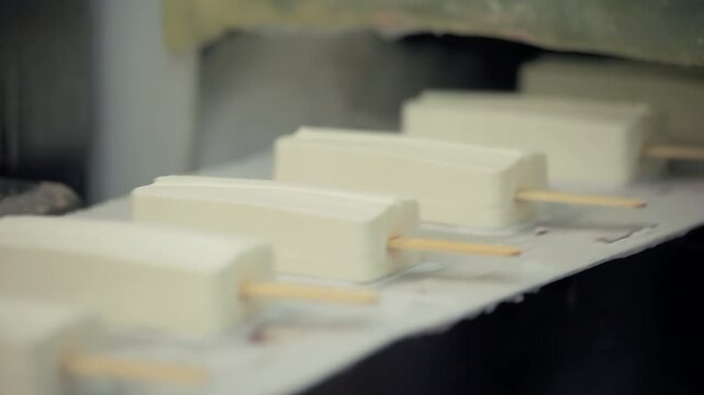 Ice cream bars moving conveyor closeup. Frozen dessert factory production line.