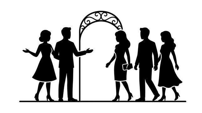 Hosts welcoming guests at archway entrance vector silhouette