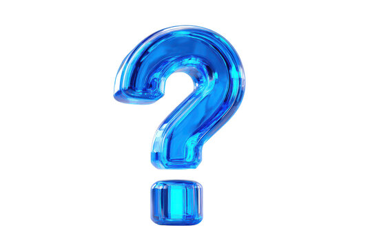 3d blue glossy question mark symbol standing on base isolated on transparent background. The enigmatic blue question mark of inquiry and curiosity isolated on white background.