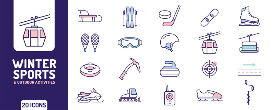 Winter Sports and Outdoor Activities Icon Set with Skiing Snowboarding Ice Skating Sledding Gear
