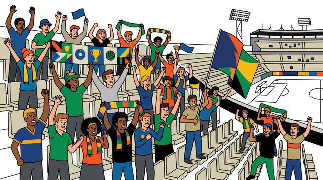 Passionate diverse soccer fans cheer in stadium stands waving colorful flags and scarves concept of football community and team support