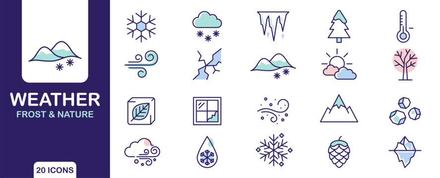 Winter Icon Set, Winter Weather and Frost Nature Icons Featuring Snowflakes Clouds Ice and Mountains