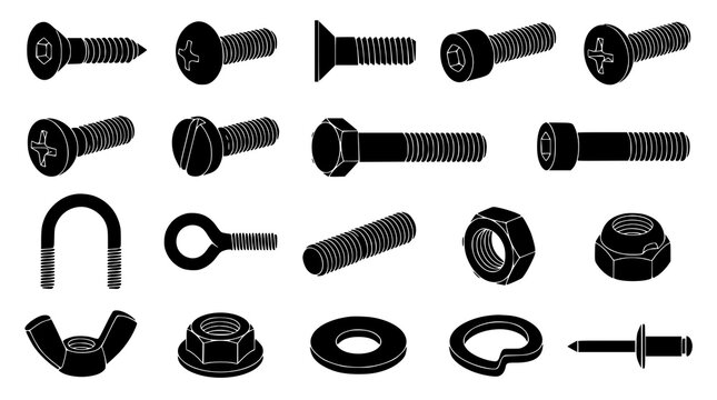 Industrial Screws Bolts Nuts Washers and Fasteners Black Vector Hardware Set