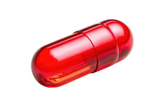 3d rendering of red antibiotic capsule pill with transparent liquid inside isolated on transparent background. Vibrant red capsule-shaped usb flash drive isolated on white background.