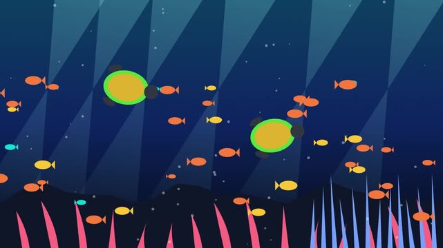 Colorful vector illustration of sea turtles and fish swimming underwater in deep blue ocean