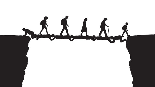 Bridge made of human silhouettes helps a group of people cross a dangerous chasm safely.