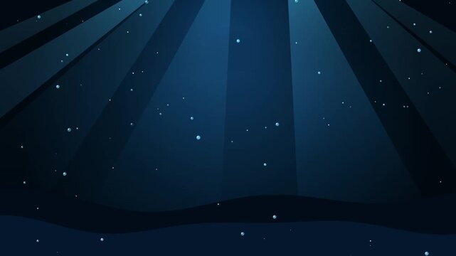 Vector illustration of deep dark blue underwater background with light rays and bubbles