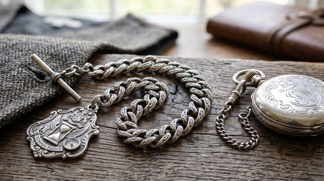 Antique pocket watch chain and fob with compass and hourglass emblem