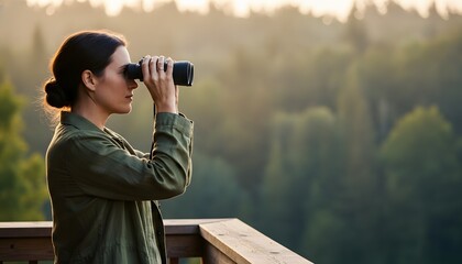 Fototapeta premium Young woman watching birds through binoculars on wooden terrace in scenic forest landscape for ecotourism and wildlife exploration concept