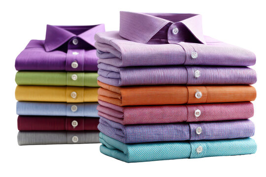 Stack of folded colorful men's dress shirts isolated on transparent background. Vibrant collection of folded dress shirts in assorted colors isolated on white background.