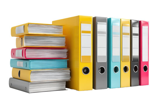 Stack of colorful file folders and binders with documents isolated on transparent background. Organized office document binders isolated on white background.